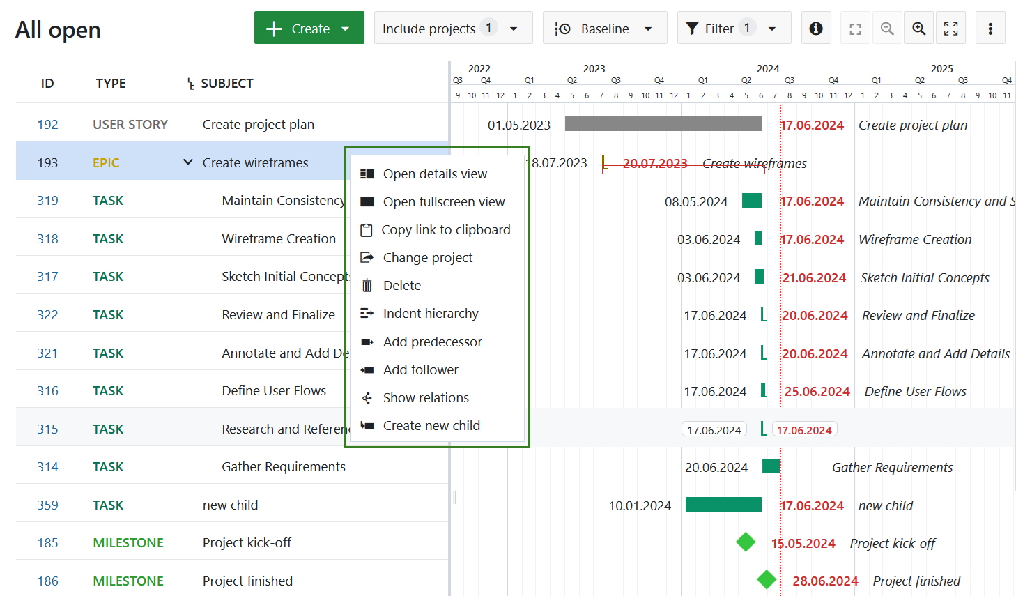 Menú de contexto rápido en la tabla de trabajo de OpenProject Gantt vista