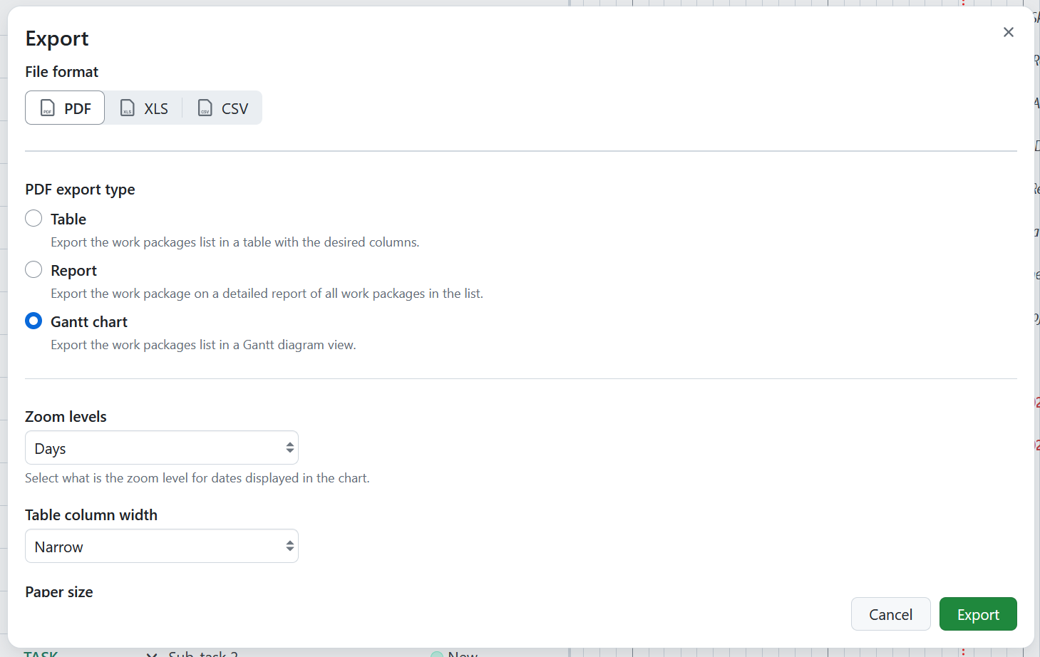 Gantt chart export options in OpenProject