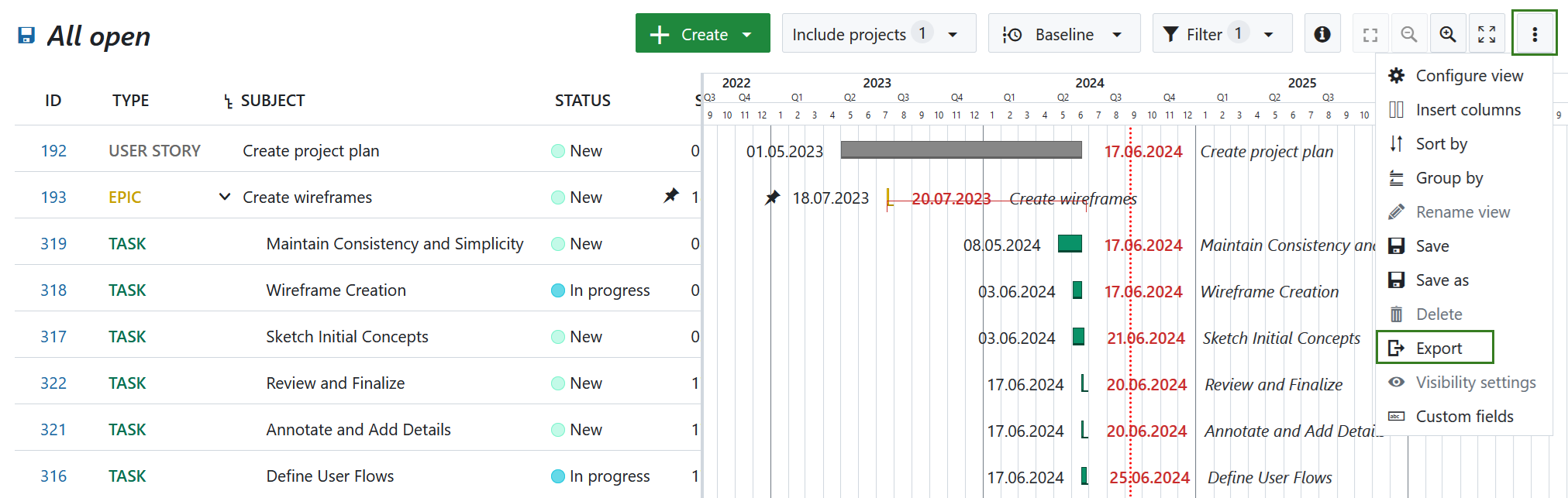 Opción Exportar diagrama de Gantt en OptionProject