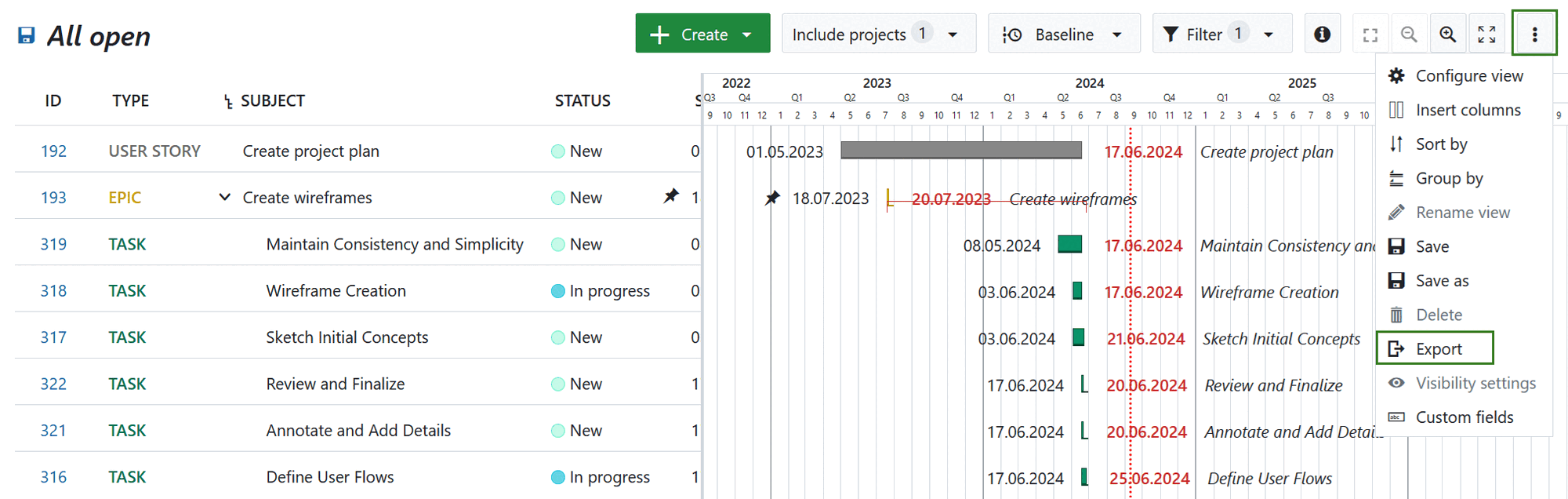 Export Gantt chart option in OptionProject