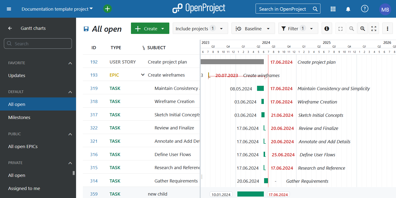 View options in OpenProject Gantt charts