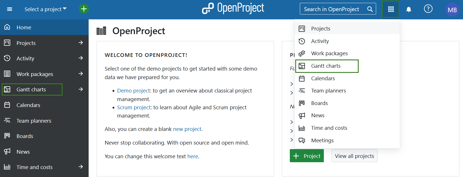 Sélectionner les diagrammes de Gantt dans le menu des modules globaux dans OpenProject