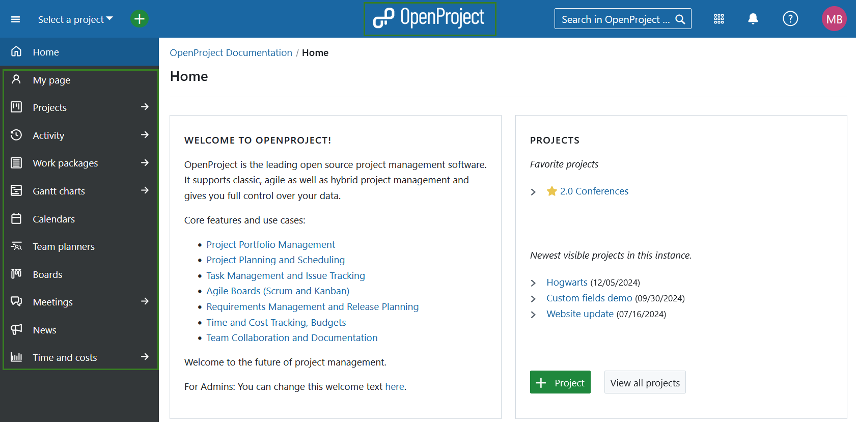 Navigating to global modules menu in OpenProject