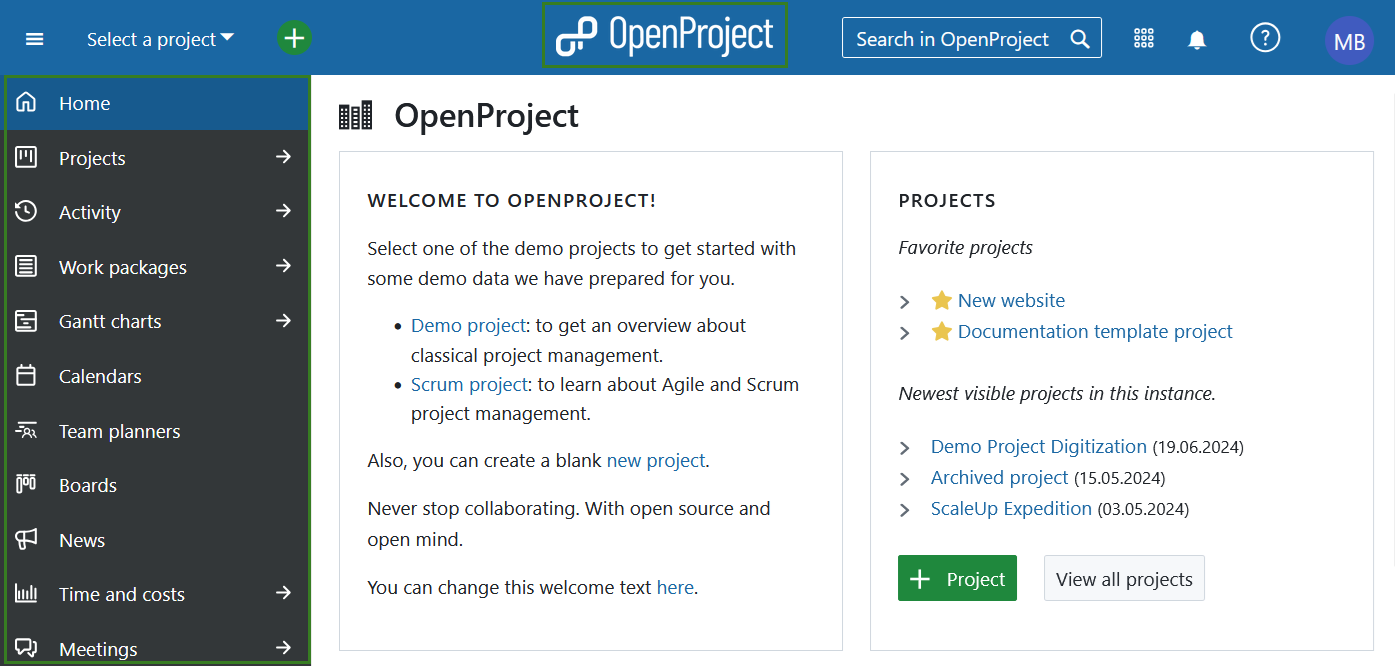 Navegando al menú de módulos globales en OpenProject