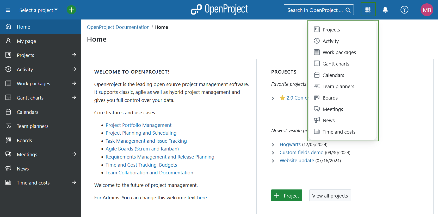 Naviguer vers le menu des modules globaux dans OpenProject via l’icône de la grille