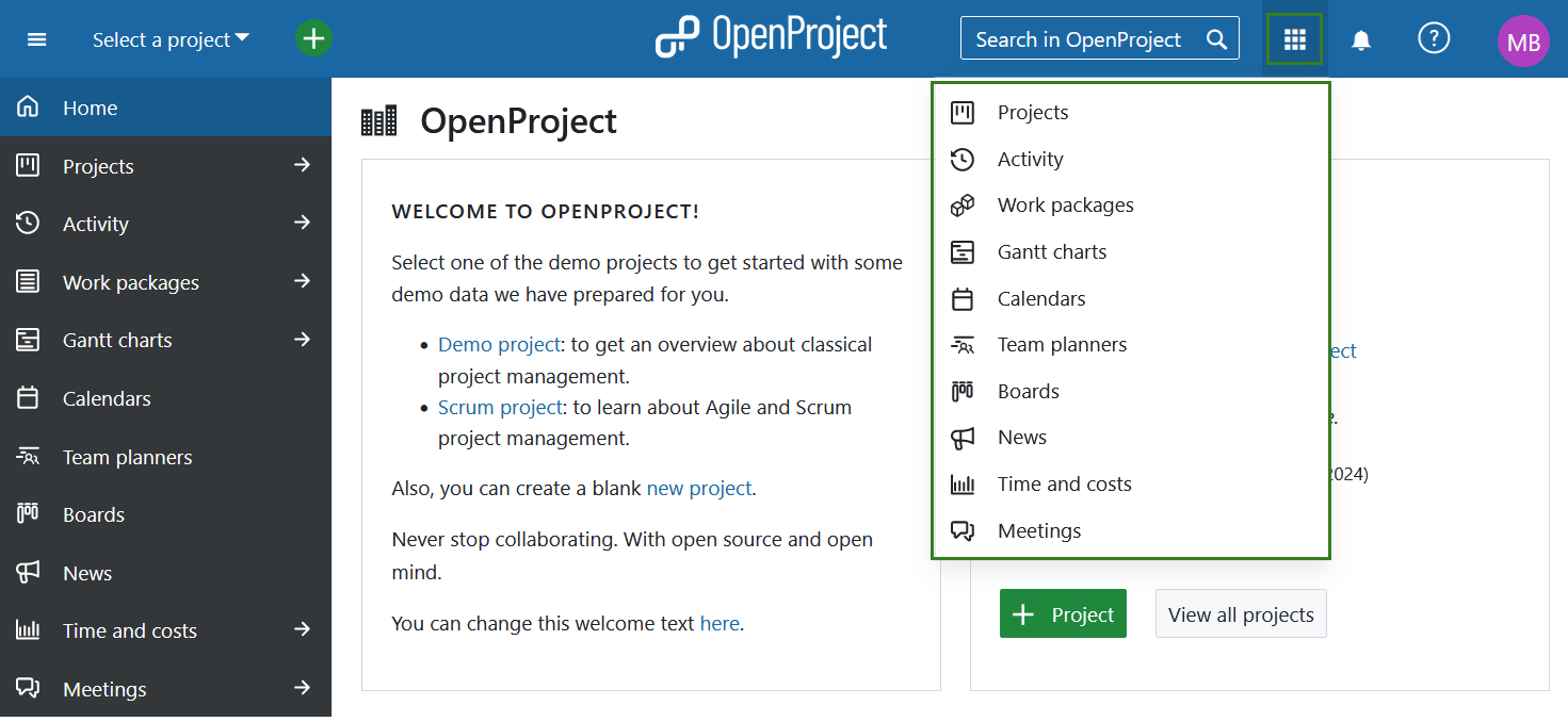 Naviguer vers le menu des modules globaux dans OpenProject via l’icône de la grille
