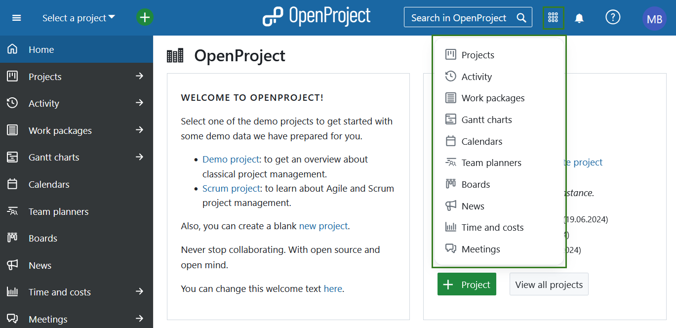 Navegando al menú de módulos globales en OpenProject vía icono de cuadrícula