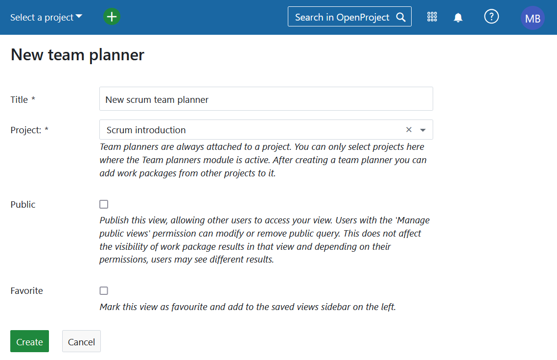 Creating a new team planner from the Team planners global module