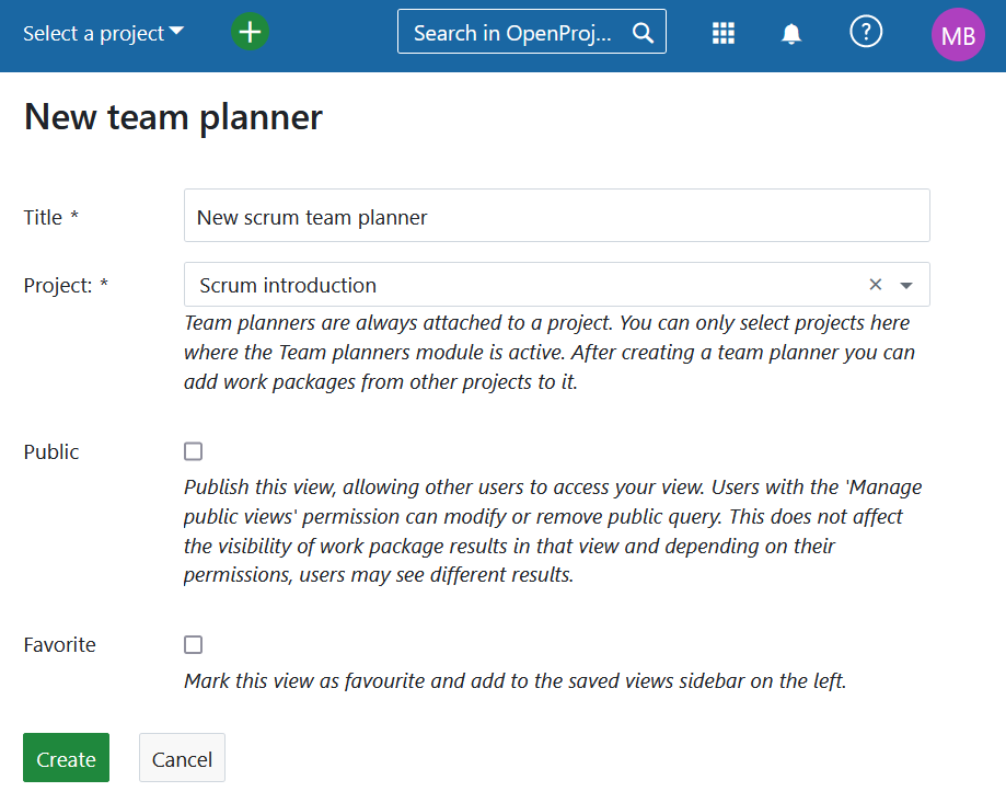 Creating a new team planner from the Team planners global module