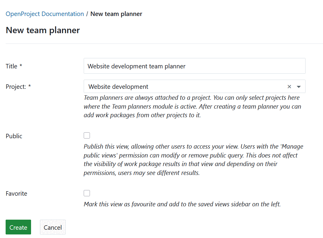 Creating a new team planner from the Team planners global module
