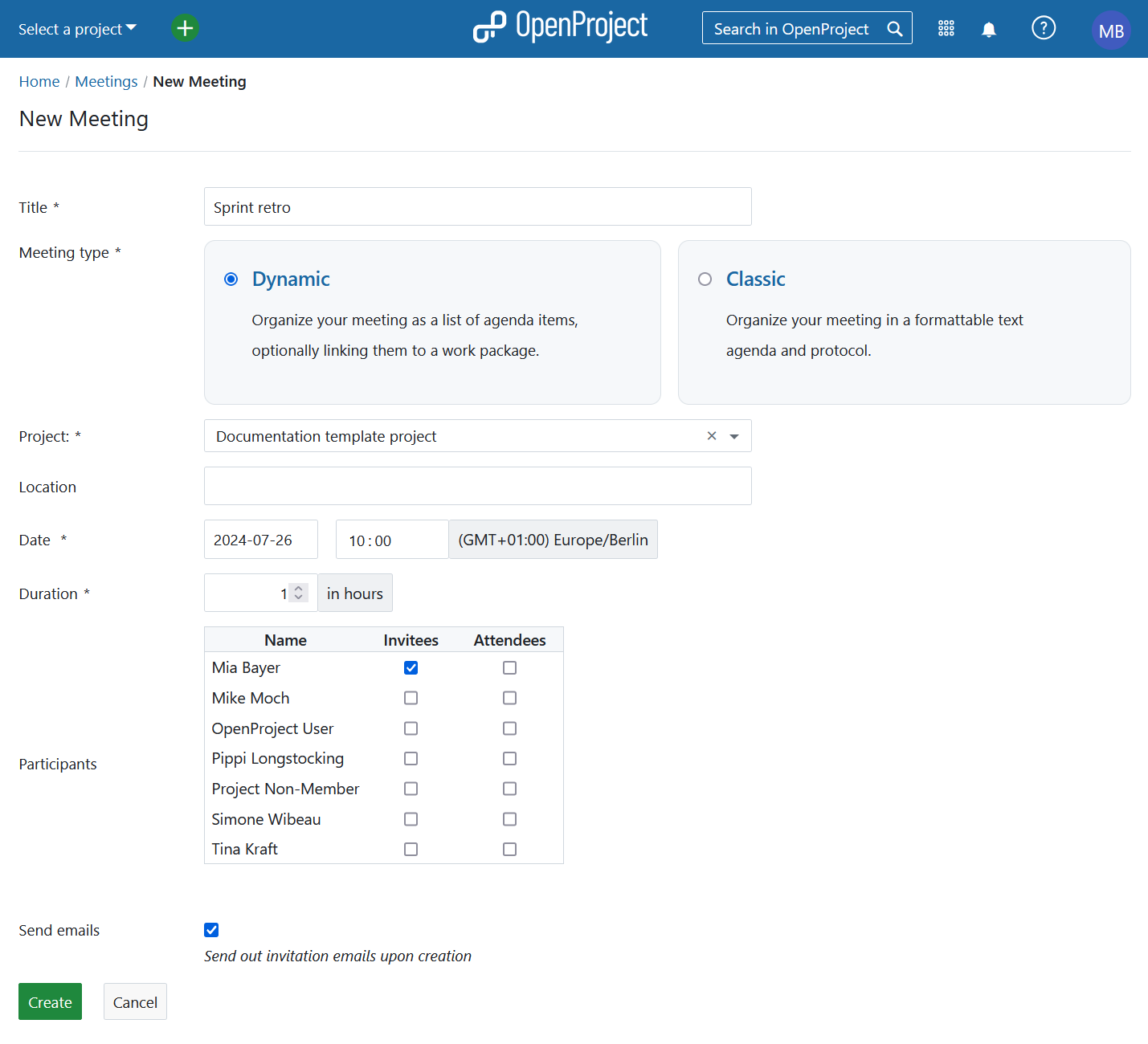 Erstellen eines neuen Meetings aus dem globalen Meetings Modul