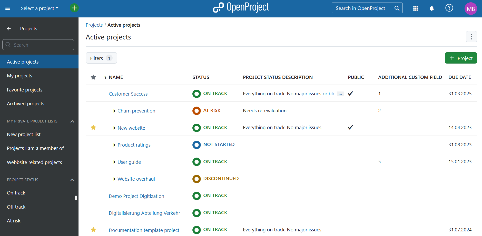 Aperçu des projets OpenProject dans le menu des modules globaux