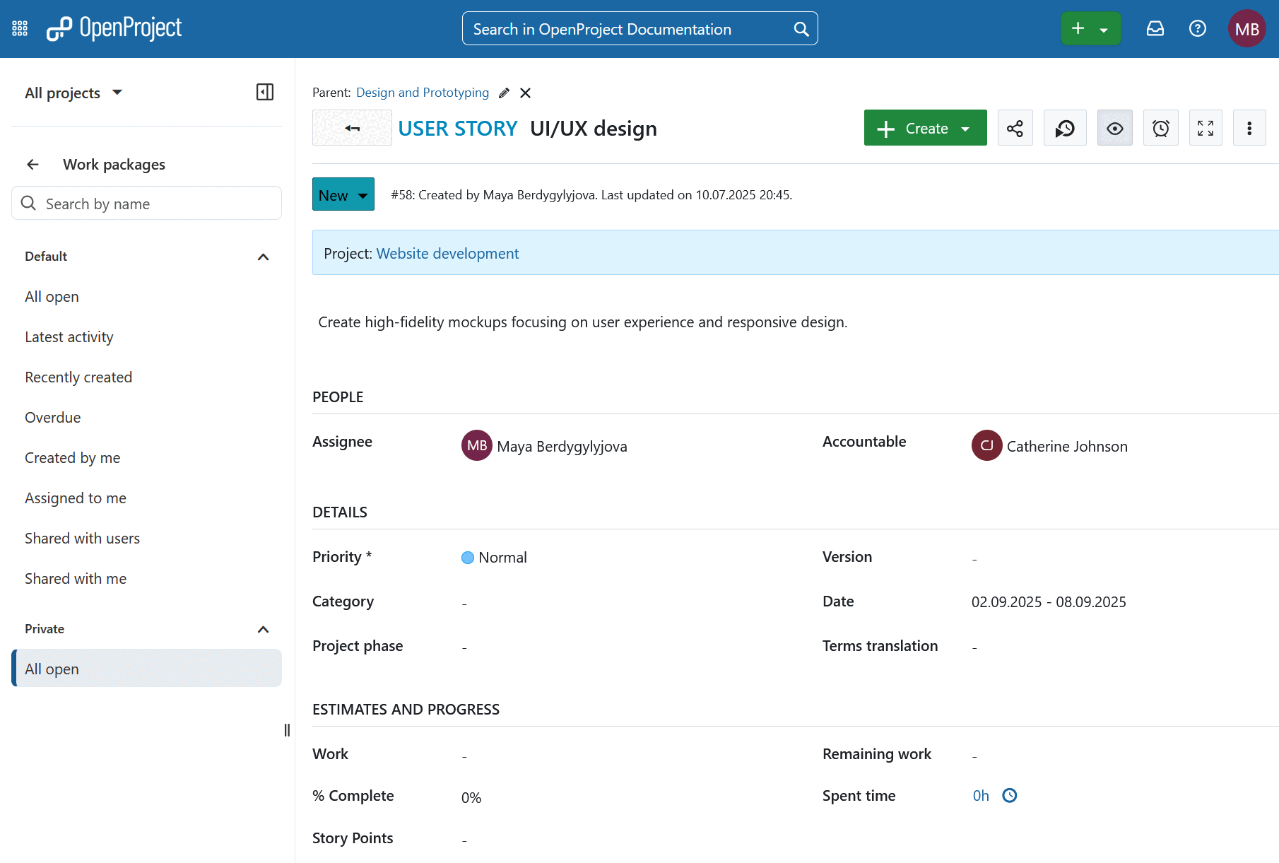 The project containing the current work package is highlighted when opening it from outside the project