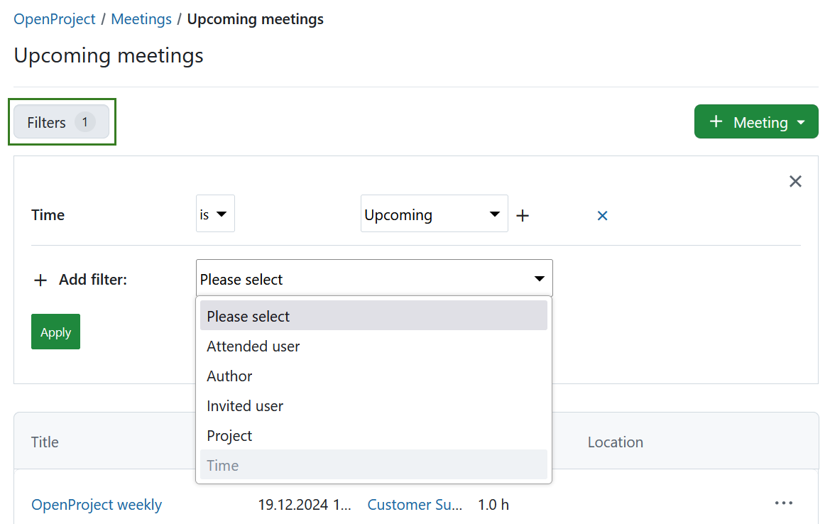 Filter the list of dynamic meetings in OpenProject