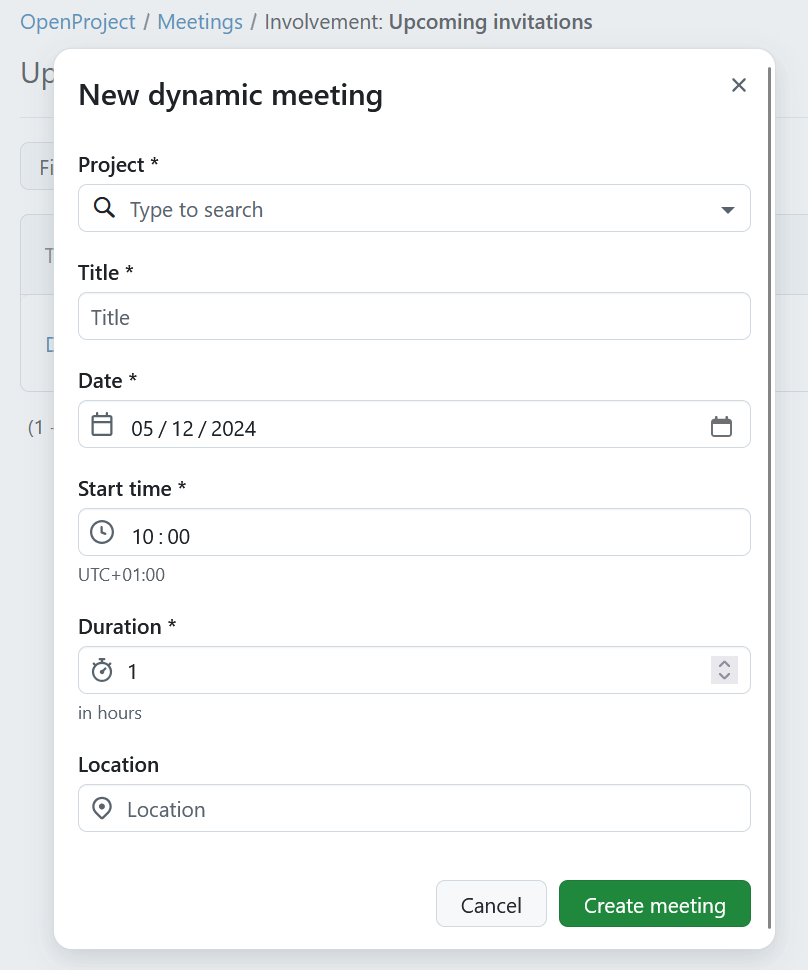 Create a new dynamic meeting in OpenProject