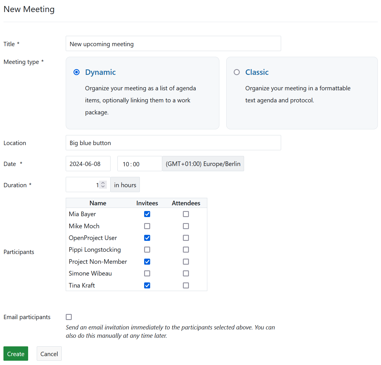 Create new meeting in OpenProject