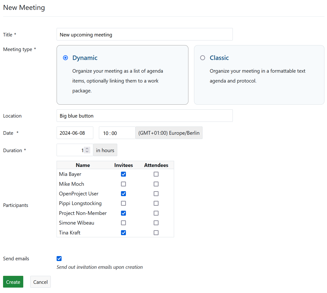 Create new meeting in OpenProject