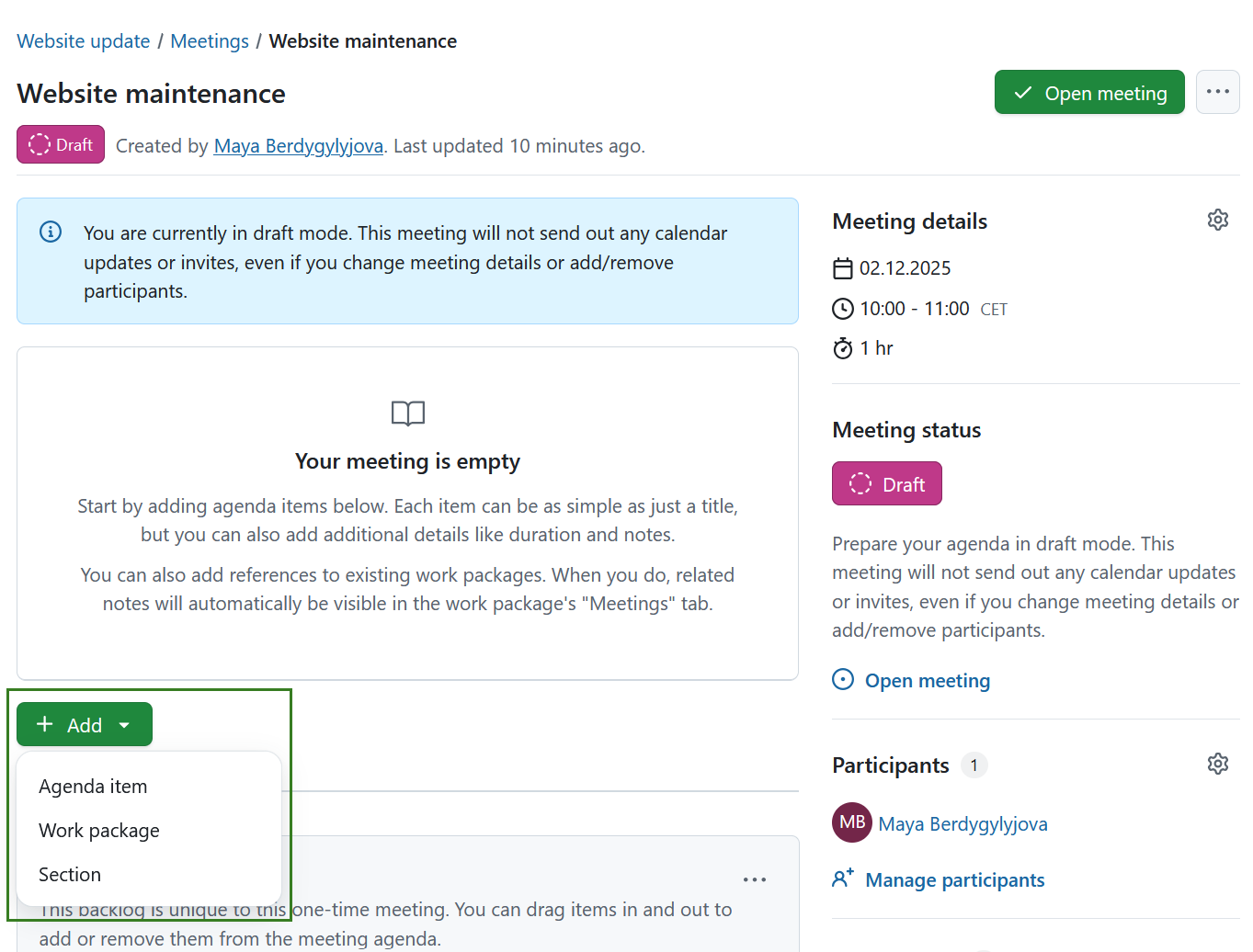 The add button in OpenProject meetings module with three choices: section, agenda item or work package