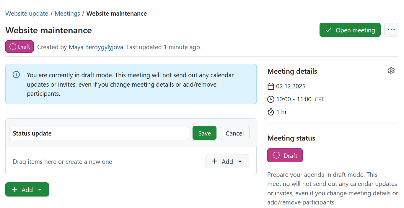 Add a new section to a meeting agenda in OpenProject