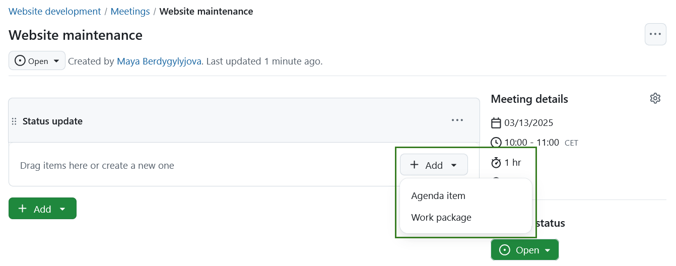 Add an agenda item to a meeting section