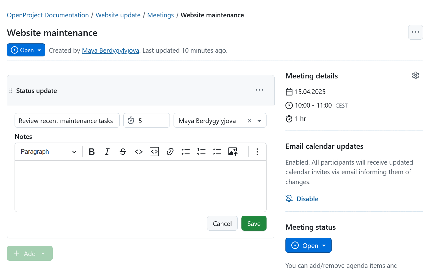 Form for adding agenda items to meetings sections in OpenProject