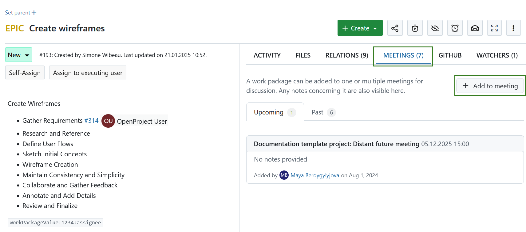 Button to add a work package to a meeting under Meetings tab in a work package in OpenProject