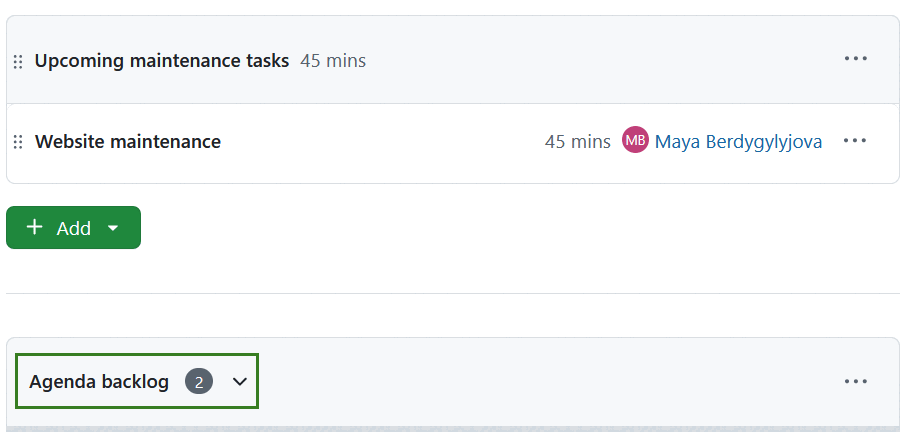 Agenda backlog section title collapsed, in OpenProject one-time meeting