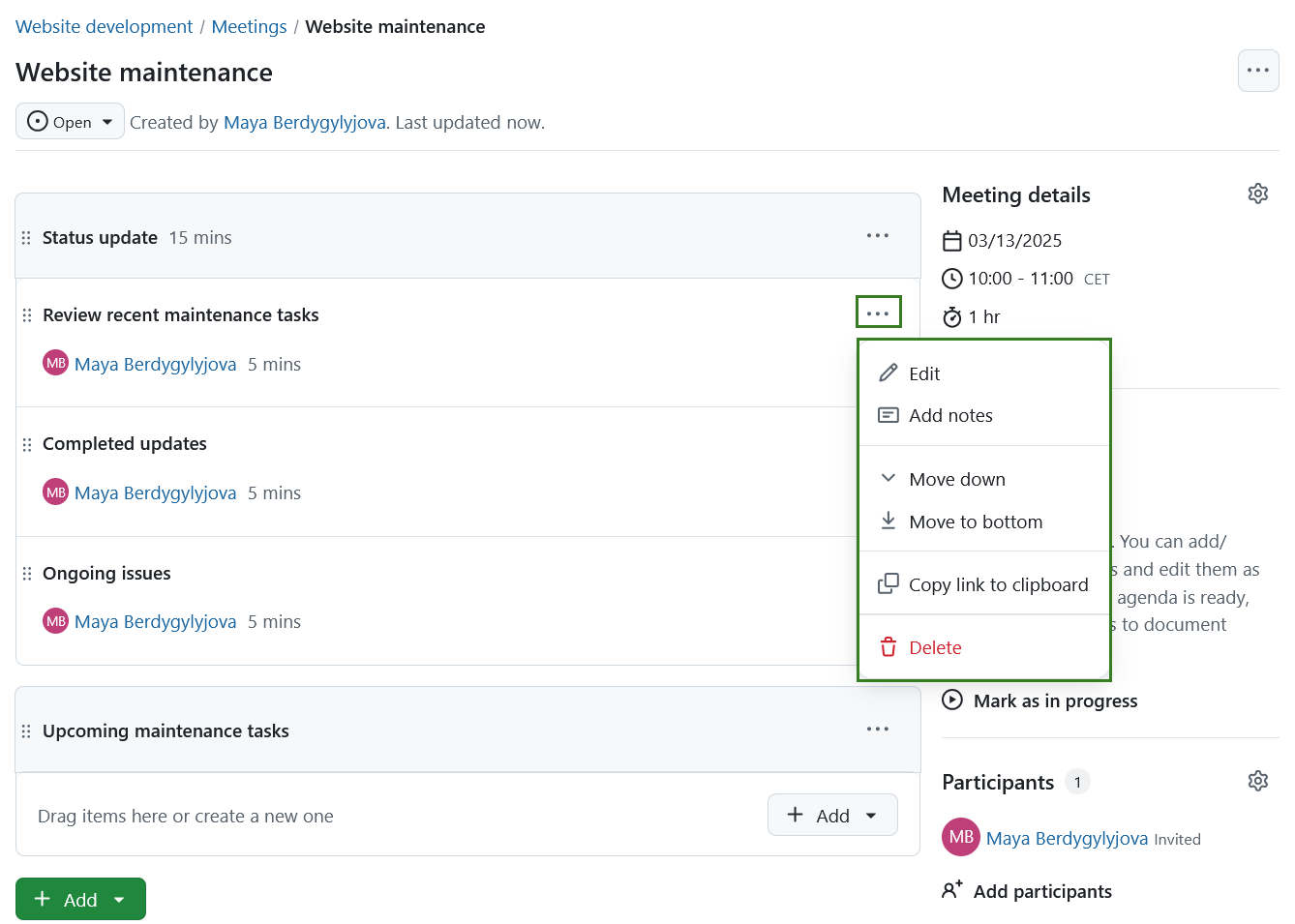 Menu showing options to edit agenda items in OpenProject meetings