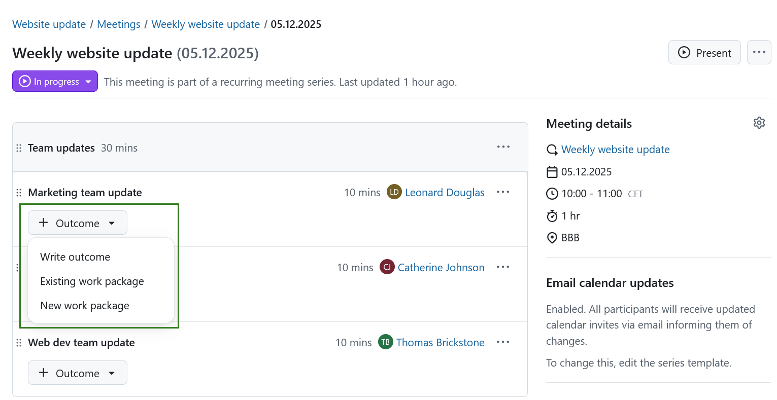 Button to add an agenda outcome in OpenProject meetings