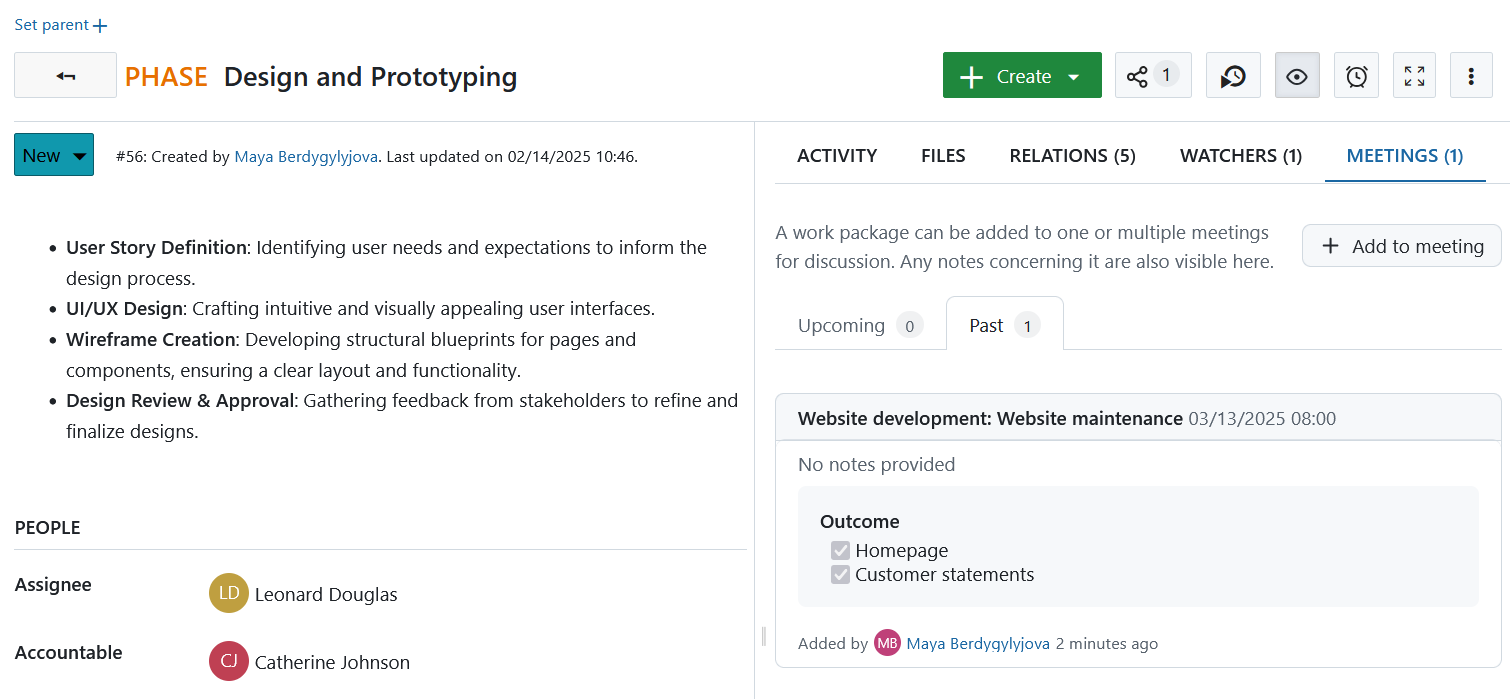 Agenda item outcomes displayed in Meetings tab in a work package in OpenProject