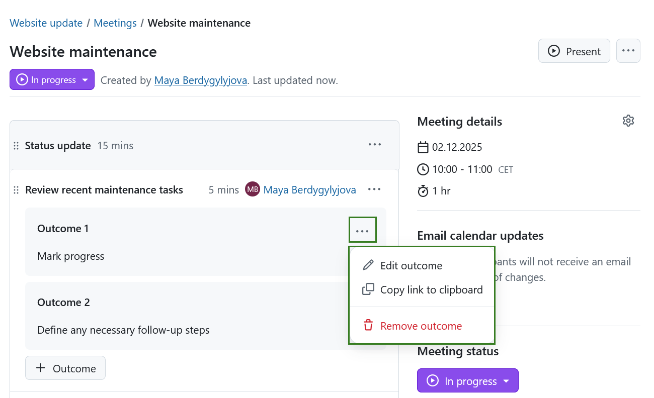 Edit an agenda item outcome in OpenProject meetings