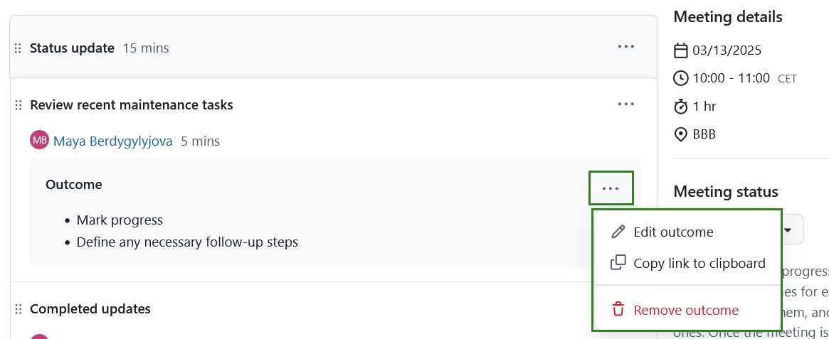 Edit an agenda item outcome in OpenProject meetings