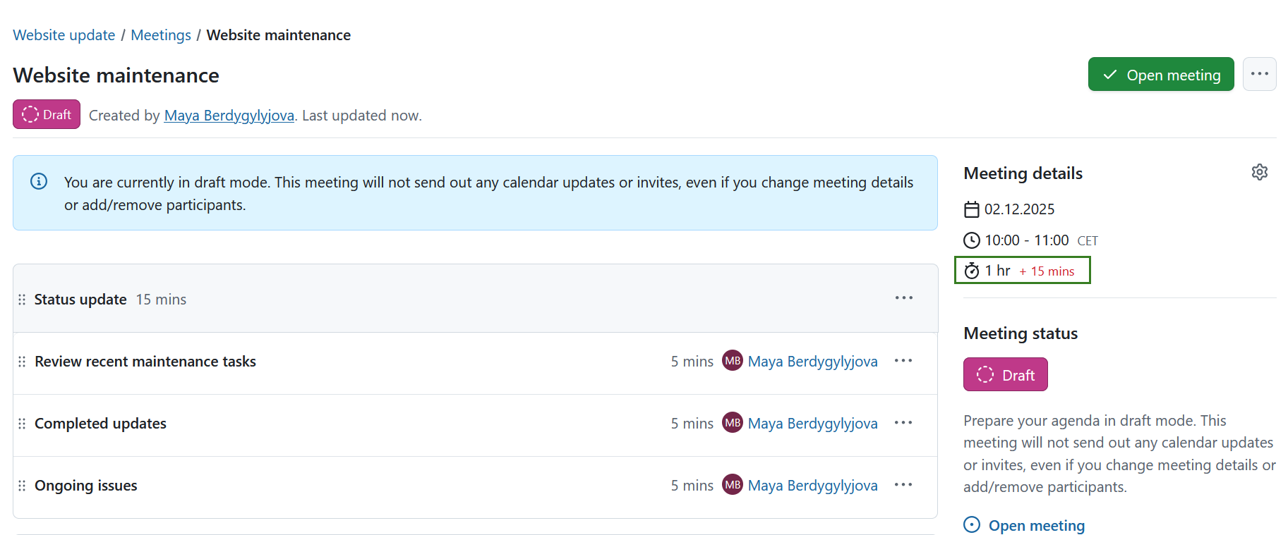 Meeting agenda items duration sum is greater than the meeting duration set in OpenProject
