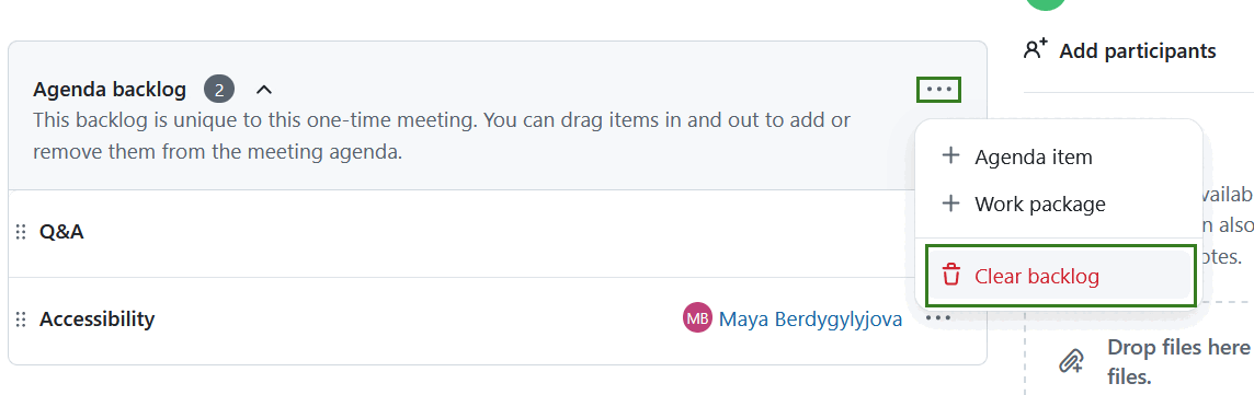 An option to clear an agenda backlog in OpenProject meetings