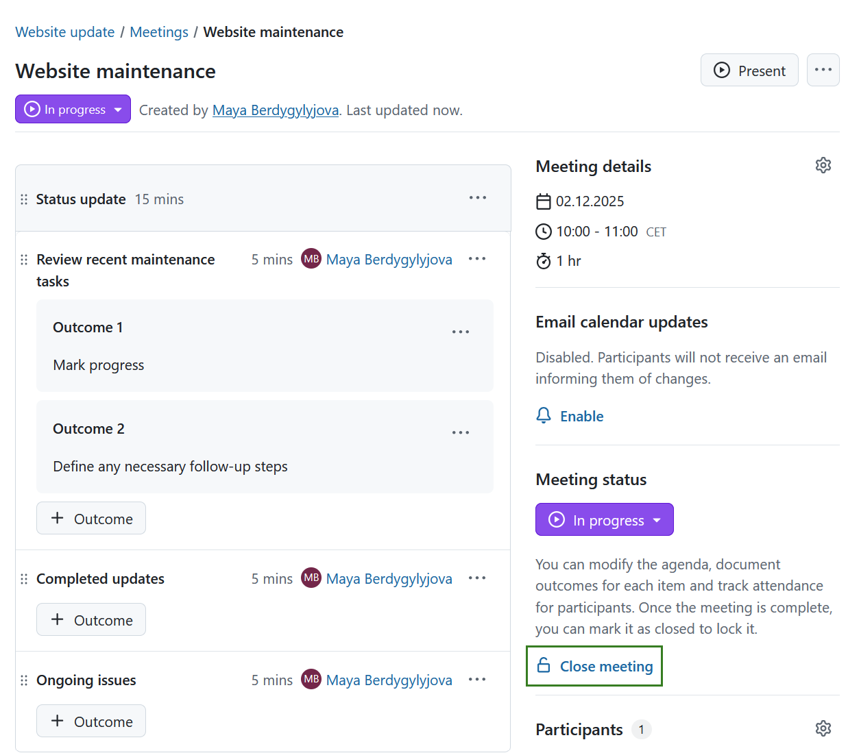 Close a meeting in OpenProject