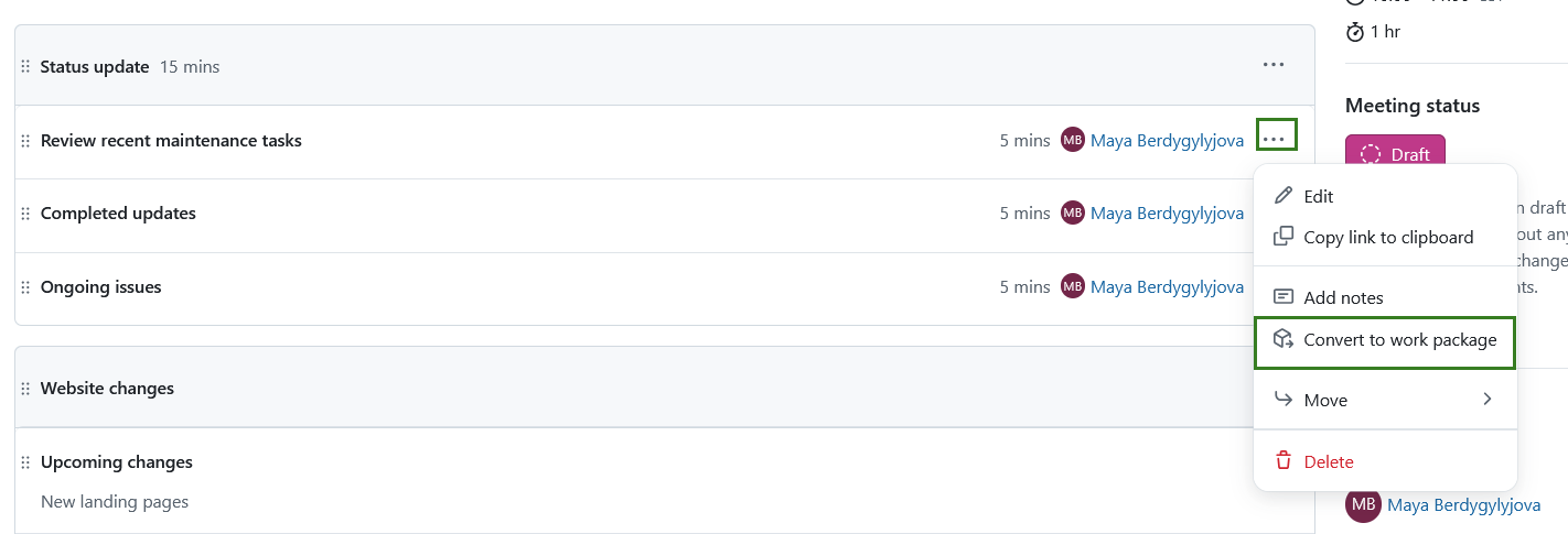 Menu option to convert an agenda item into a work package