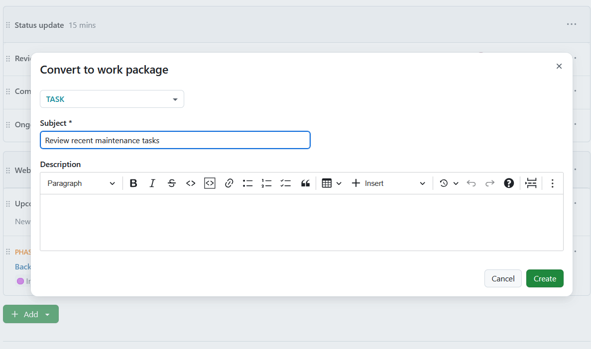 Form to convert an agenda item into a work package