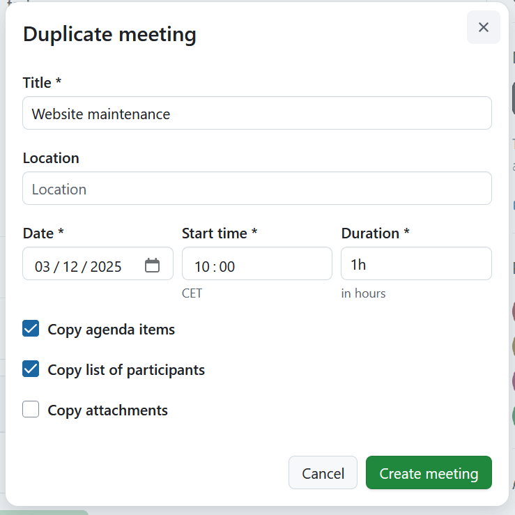 Edit details of a copied meeting in OpenProject