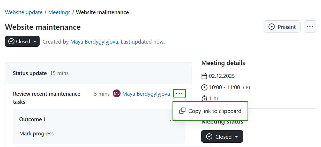 Copy a link to a meeting agenda item in OpenProject meeting