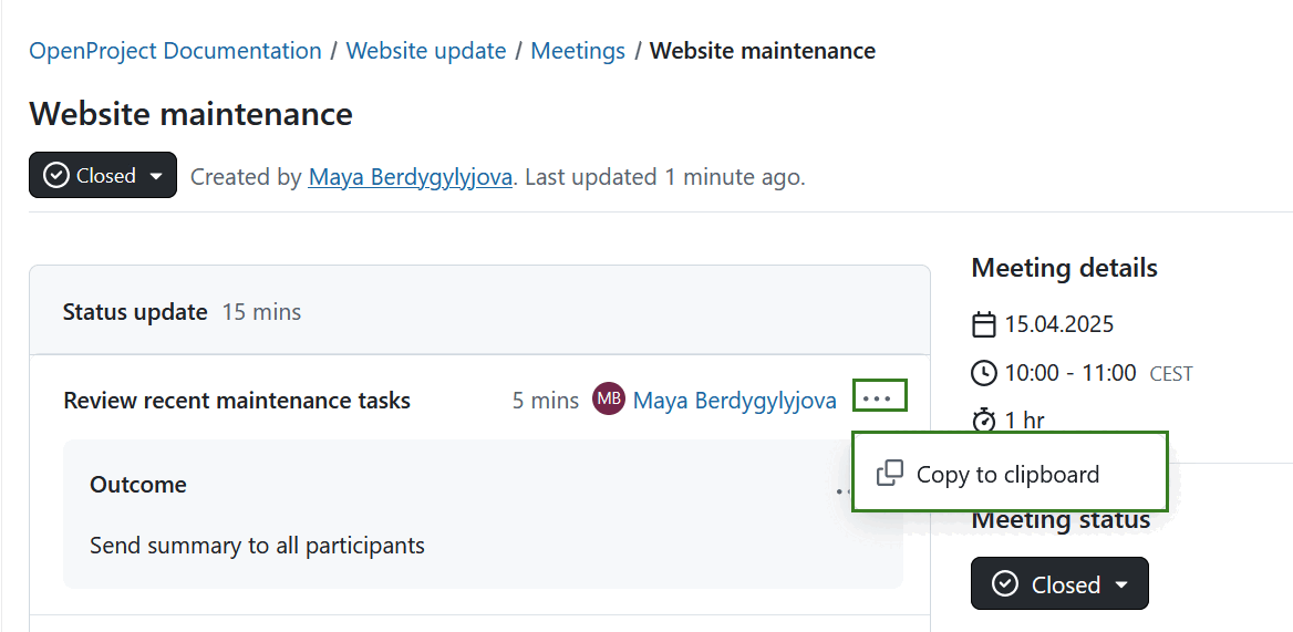 Copy a link to a meeting agenda item in OpenProject meeting
