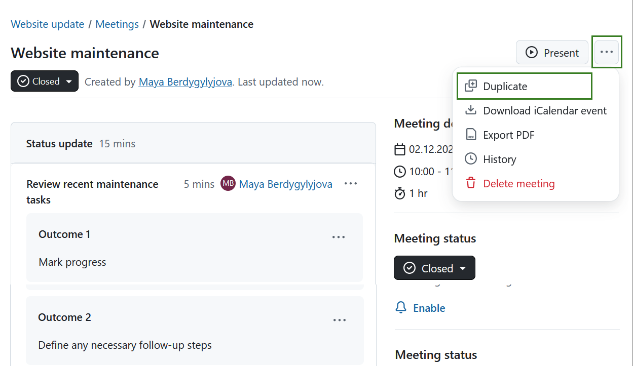 Copy a meeting in OpenProject