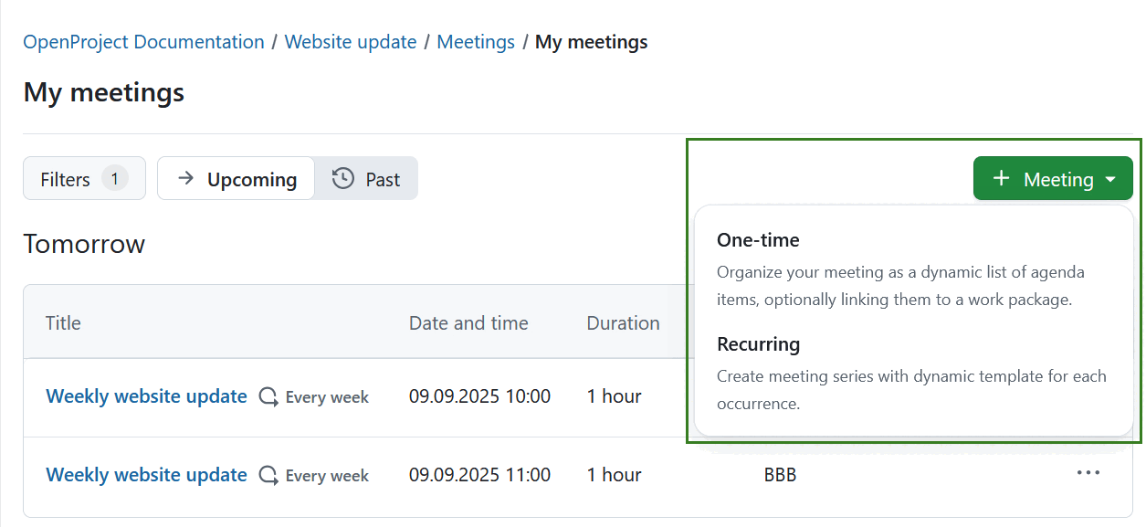 Create new meeting in OpenProject