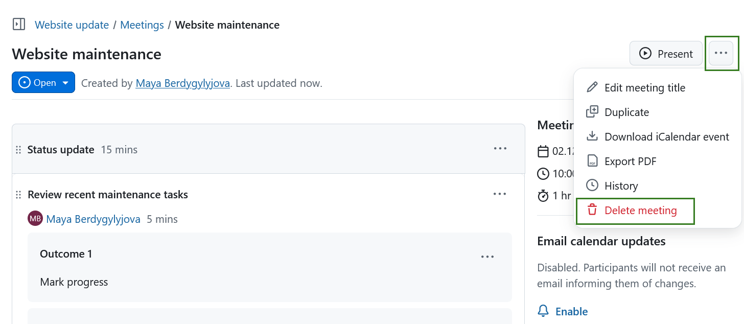 Deleting a meeting in OpenProject