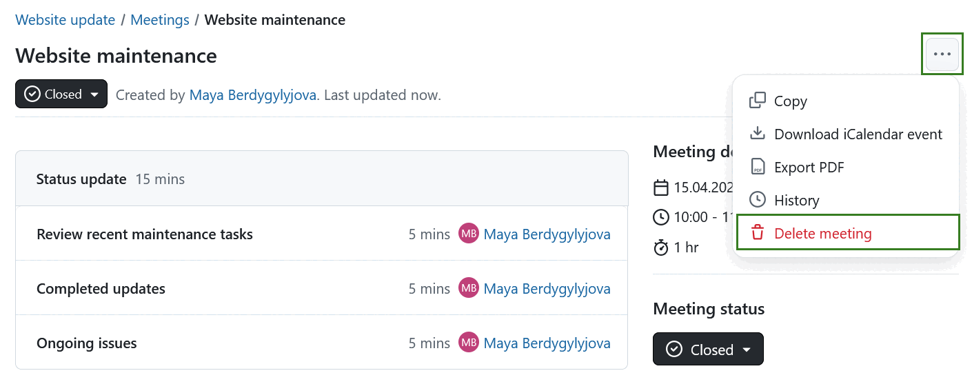 Deleting a meeting in OpenProject