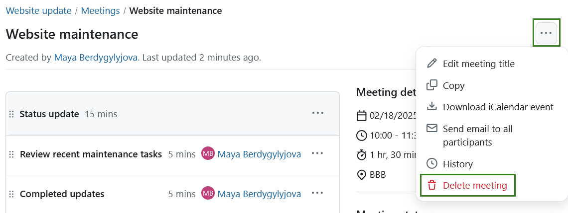 Deleting a meeting in OpenProject