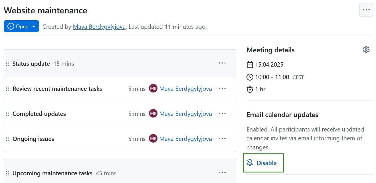 Icon to disable email calendar updates for one-time meetings in OpenProject