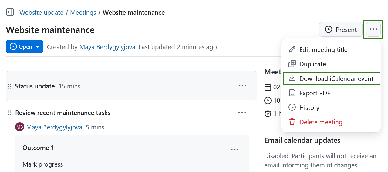 An icon to download a meeting as an iCalendar event in OpenProject meetings module