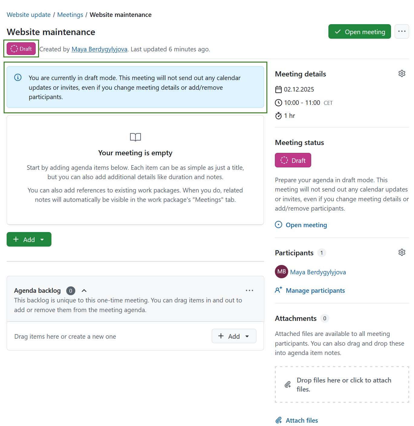 A newly created meeting in draft mode in OpenProject, highlighting draft status and banner