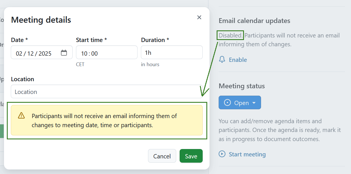 A form to edit an existing meeting in OpenProject