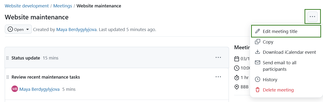 Edit a meeting title in OpenProject